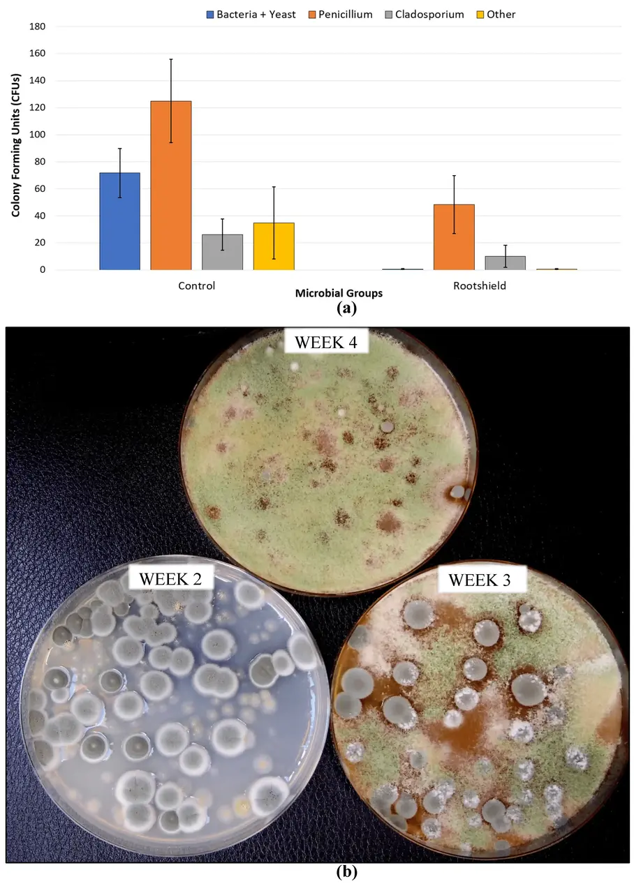 Effect of Rootshield HC® (T. harzianum) applications made at weeks 2, 3, and 4 of the flowering period on final microbial levels in harvested cannabis inflorescences