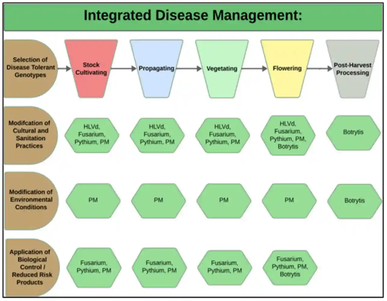 Integrated disease management strategies (left panel, in brown) are developed according to the crop development stage (top panel)