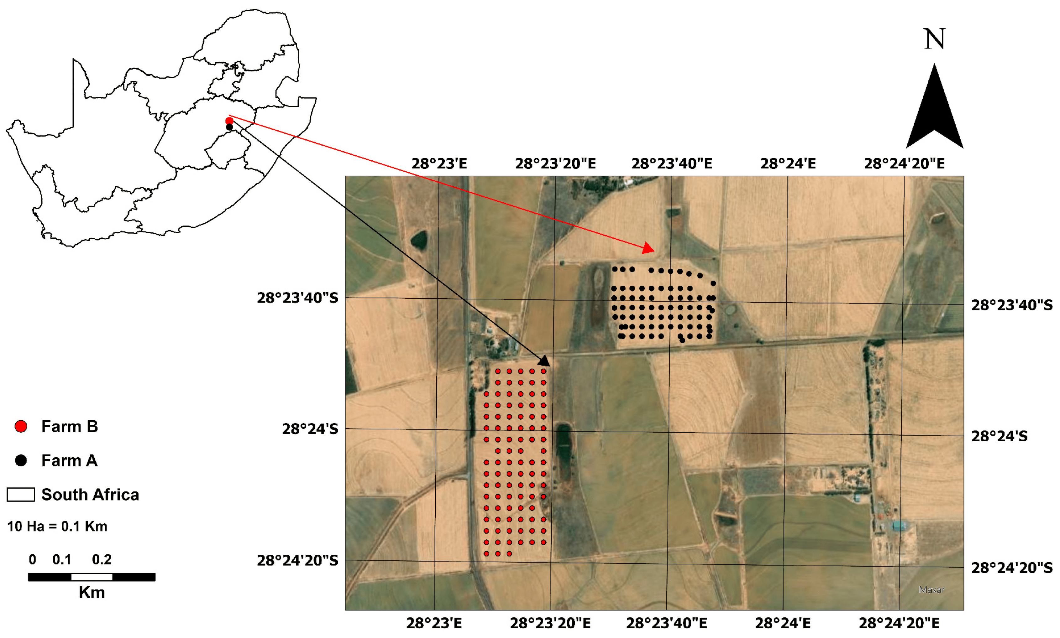 Map showing the location of the Clarence wheat farms in the Thabo Mofutsanyane district in the Free State province of South Africa