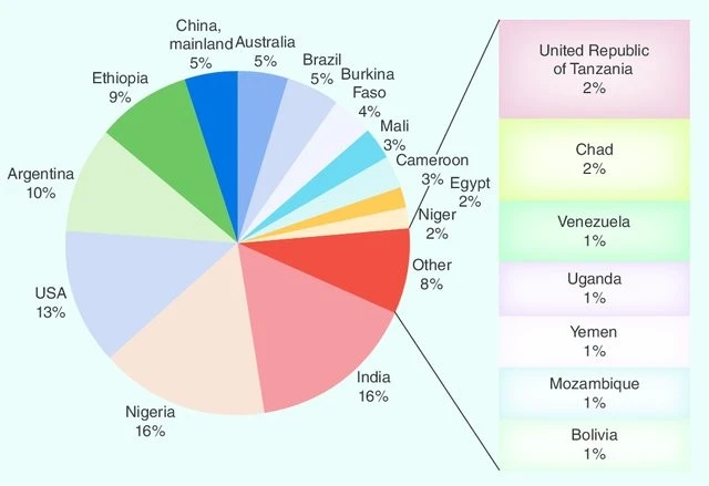 Sorghum distribution. Total world production of Sorghum biomass by 20 top countries is 42,765,025 metric tonnes. Source: Reddy Shetty et al., 2014