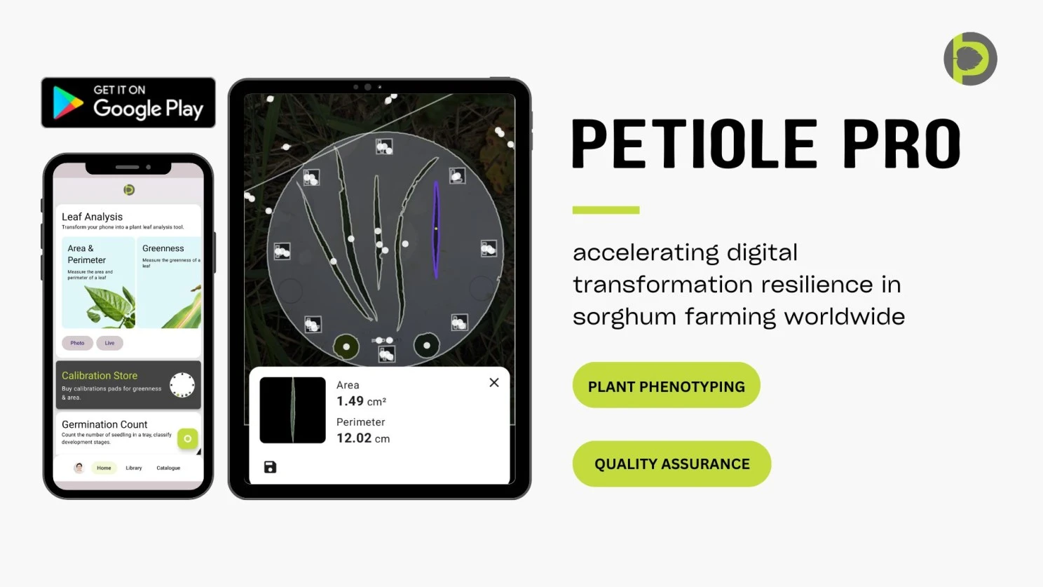 Mobile app Petiole Pro can help with leaf area measurement, greenness assessment, leaf length measurement, germination count and calculating other parameters for sorghum farming and sorghum research