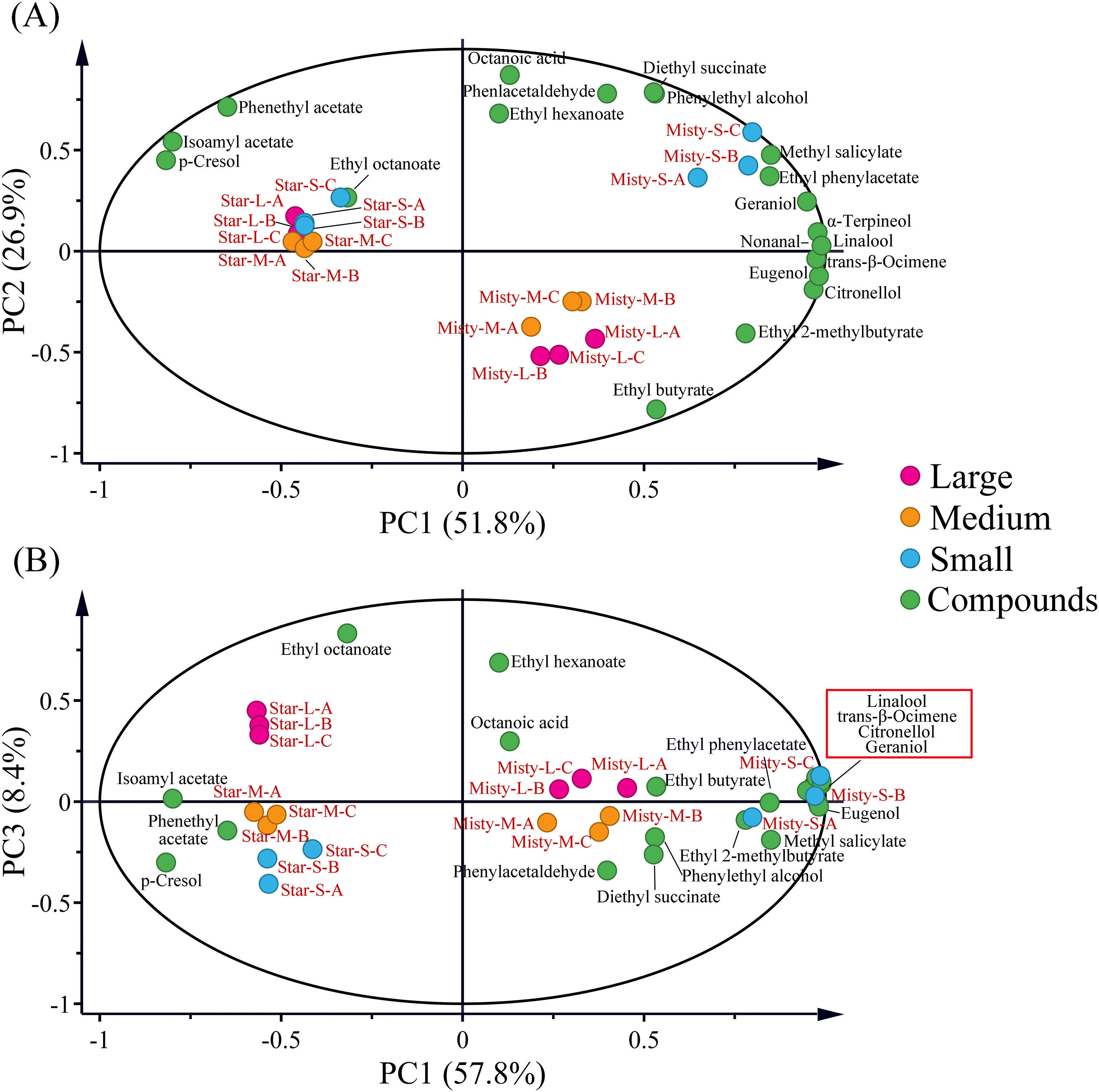 The biplots with PC1 and PC2 (A) as well as PC1 and PC3 (B) of principal component analysis (PCA) based on the volatile compounds with relative odor activity values (rOAVs) higher than 0.1 in blueberry wines from different fruit size categories.