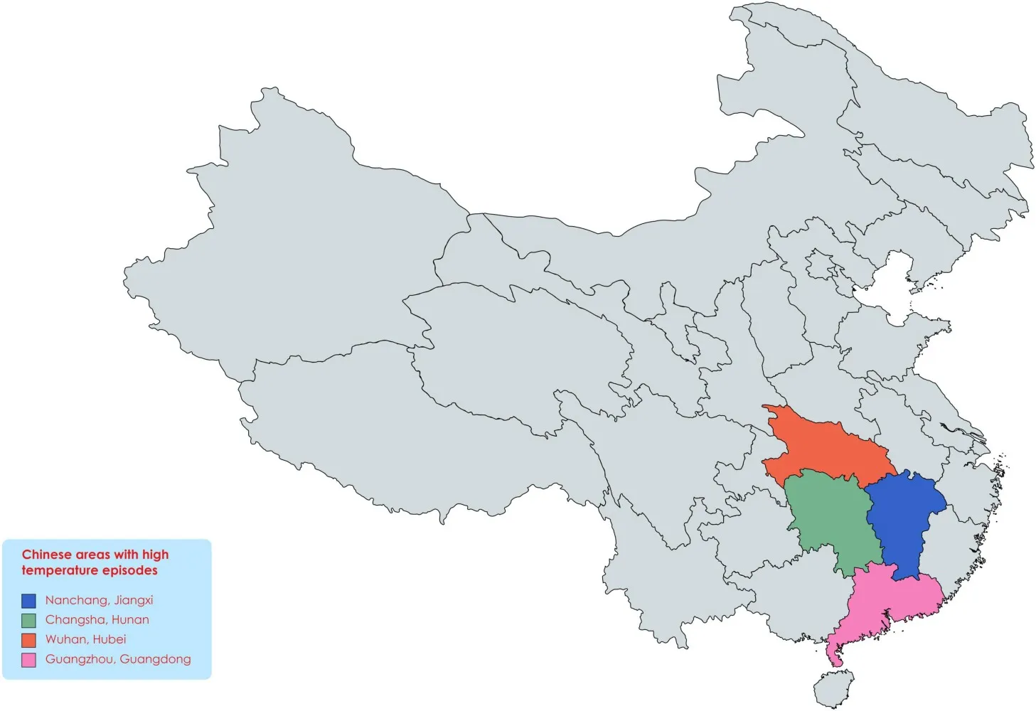 Areas with extreme heatwaves in China. As global warming in rising, the heat waves in these areas continue to increase, which will have devastating effects on crop production in the coming time. Source: Jianing et al., 2022